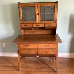 Antique Double Possum Belly Hoosier Cabinet, Etched Glass Doors, Possum Belly Top Drawers Also, Original.