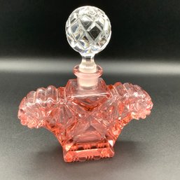 Pink Cut Glass Large Perfume Bottle With Prism Stopper, Made In Czechoslovakia