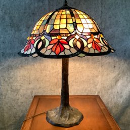 Massive Stained Glass Lamp, Quoizel Shade With Heavy Iron Base