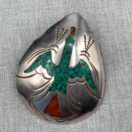 Navajo Signed, J Nezzie, Sterling Silver Pendant With Inlay Coral And Turquoise