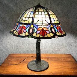 Massive Stained Glass Lamp, Quoizel With Heavy Tree Trunk Base