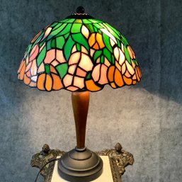 Stained Glass Lamp With Hanging Peach Tulips & Wood And Metal Base