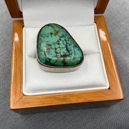 Silver Ring With Heavily Veined Turquoise Cabochon