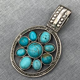 Large Silver And Turquoise Cabochon Pendant With Fixed Bale