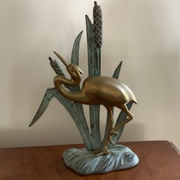 Brass Egret Statue With Verde Patina Reeds And Cattails