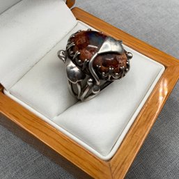 Artisan Made One Of A Kind Ring With Large Brown Semiprecious Stone With Silver Wrap Around Design