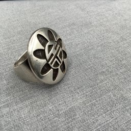 Hopi Silver Overlay Ring, Signed Bernard Dawahoya With Sun Face Design