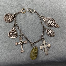 Silver Charm Bracelet, Viking Ship & Celtic Knot, Scandinavian Cross, Gaelic, Norse, Bird