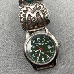 Timex Expedition Watch With Custom Silver Snake Band With Turquoise And Coral Inlay, Native American Design