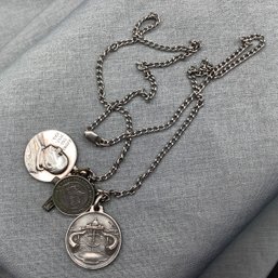 Silver Religious Necklace With Medallions, Pope, Mary, Cross. One Marked 800 Silver, Chain Marked 925