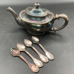 4 Bellini Made In Brazil Scalloped Spoons And Tea Pot. Penn-Harris Tea Pot Silver Soldered, 1847