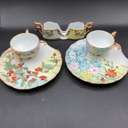 2 Tea Cups With Oversized Saucers (snack Plates) And Sugar Packet Holder