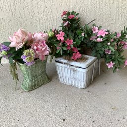 2 Basket Silk Flower Arrangements, One In A Wicker Picnic Basket, One In A Pottery Pot Basket