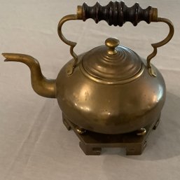 Antique Brass Tea Kettle On Brass Stand With Black Turned Handle