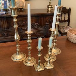 3 Pairs Of Brass Candlesticks In Varying Heights, Tall Candlesticks Have Removable Brass Cups