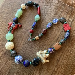 Antique Asian Necklace. Netsuke, Ojime Beads, Cloisonne, Jade, Cinnabar, Porcleain And Carved Figures