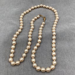 28 Inch Knotted Pearl Necklace, Clasp Marked G Silver