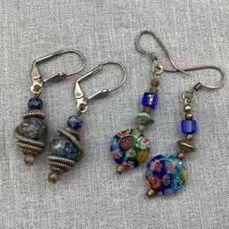 2 Pair Of Vintage Earrings, One Murano Style Glass & One Blue Beads Wrapped In Coiled Metal