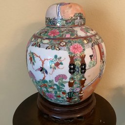 Antique Chinese 10 Inch Po Chu Jar With Lid And Rosewood Stand