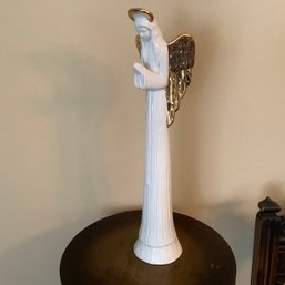 Tall And Extremely Thin Porcelain Angel With Gold Painted Wings And Halo