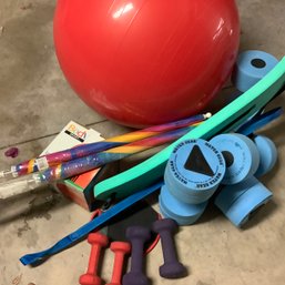 Hand Weights, Balance Ball, Water Weights And Float Belt, 2 Clip On Umbrellas