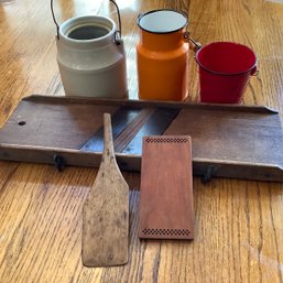 Antique Kitchen Lot, Slaw Or Kraut Mandolin, Crock, Tins, Wood Spoon Rest, Wood Spatula