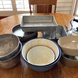 Pair Of Yellow Splatter Enameled Bowls, Bundt Pans, Tea Kettle, Self Releasing Pie Pans, Colanders