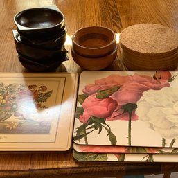 2 Turned Wood Bowls,  6 Monkey Pod Bowls With Pointed Handles, Padded Placemats, Cork Trivets