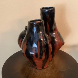 Signed Artisan Triple Pottery Vase With Unique Shape, Heavily Glazed In Colors Of Rust Brown And Black