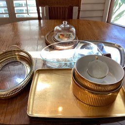 Pair Of Hutschenreuther Tea Cups, Hall China Golden Glo Ovenware Casseroles, Cheese Board And More