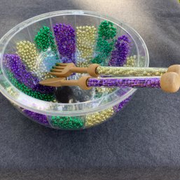 MARDIS GRAS!!!! Bead Encased Salad Bowl With Matching Servers, Unique Piece From New Orleans