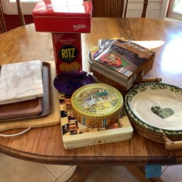 Denmark Teak Wood Servers, Marble Cheese Board, Tins, Pottery Casserole W/ Carrier, Tortilla Pan Set