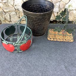 Metal Apple Basket, Wicker And Metal Ivy Baskets, Wastebin