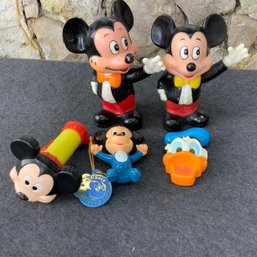 Mickey Mouse Vintage Toys And Banks And One Donald Duck Bottle Cap, Circa 1980s