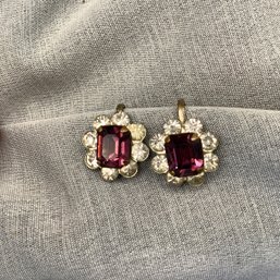 Vintage Earrings With Screw Backs, Purple Amethyst Colored Center Stone And Rhinestones