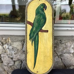 Orginals By Frankie, LARGE Hand Carved & Painted Wall Art - Wooden Parrot With Rope Border, 35 Inch X 13 Inch