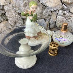 Decor Lot: Perfume Bottle, Anchor Hocking Cake Plate And Girl With Ducks Porcelain Holland Mold