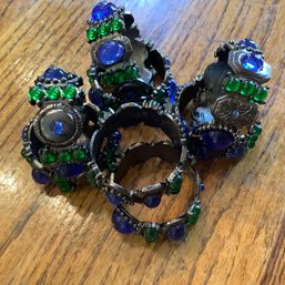 8 Napkin Rings, Metal And Jewels In Colors Of Blue And Green With Silver