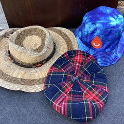 3 Hats- Bucket Hat, Cruise Club Sun Hat With Cowrie Shells And A Tartan Plaid Beret