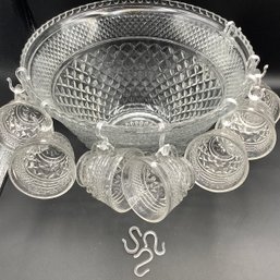 Pressed Glass Punch Bowl With 8 Cups And 11 Hangars