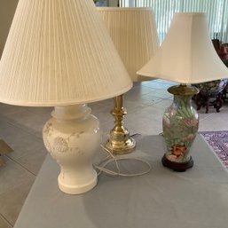 3 Decorative Lamps, Floral, Brass And Ceramic