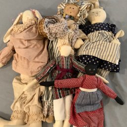 Primitive Dolls And 2 Bunnies With Handmade Clothes With Crochet Detailing