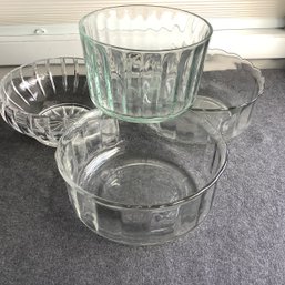 4 Large Serving Bowls, 2 Matching Fluted With Scalloped Top, One Green Tint And One Cut Crystal