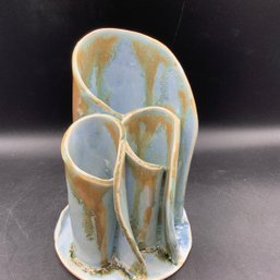 Triple Bud Pottery Vase In Blue And Orange Glazind