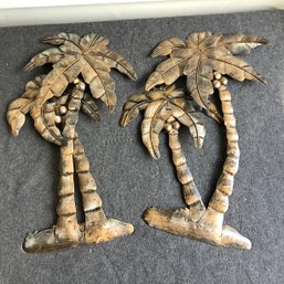 Pair Of Palm Tree Wall Decor, Brutalist Style Bronze Color