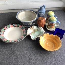 Pottery Mix Lot, Salt / Pepper, Signed Swirl Pottery Dish, Avon And More