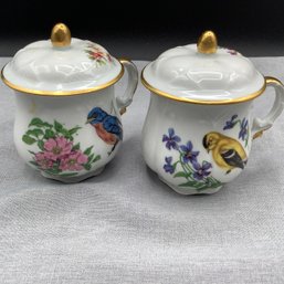 Pair Of Delicate Limoges Tea Cups With Lids, Each With Different Hand Panted Bird