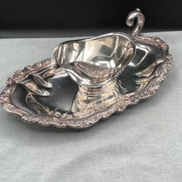 Silver Plate American Rose Pattern Gravy Boat And Tray