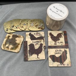 Coasters, 4 French Country Rooster, 4 Gold Finish Japanese, 1 Natural Stone, 50 Monogrammed With O