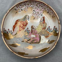 Hand Painted Satsuma Bowl Featuring 3 Men On The Inside With Pink Cherry Blossoms On Outside